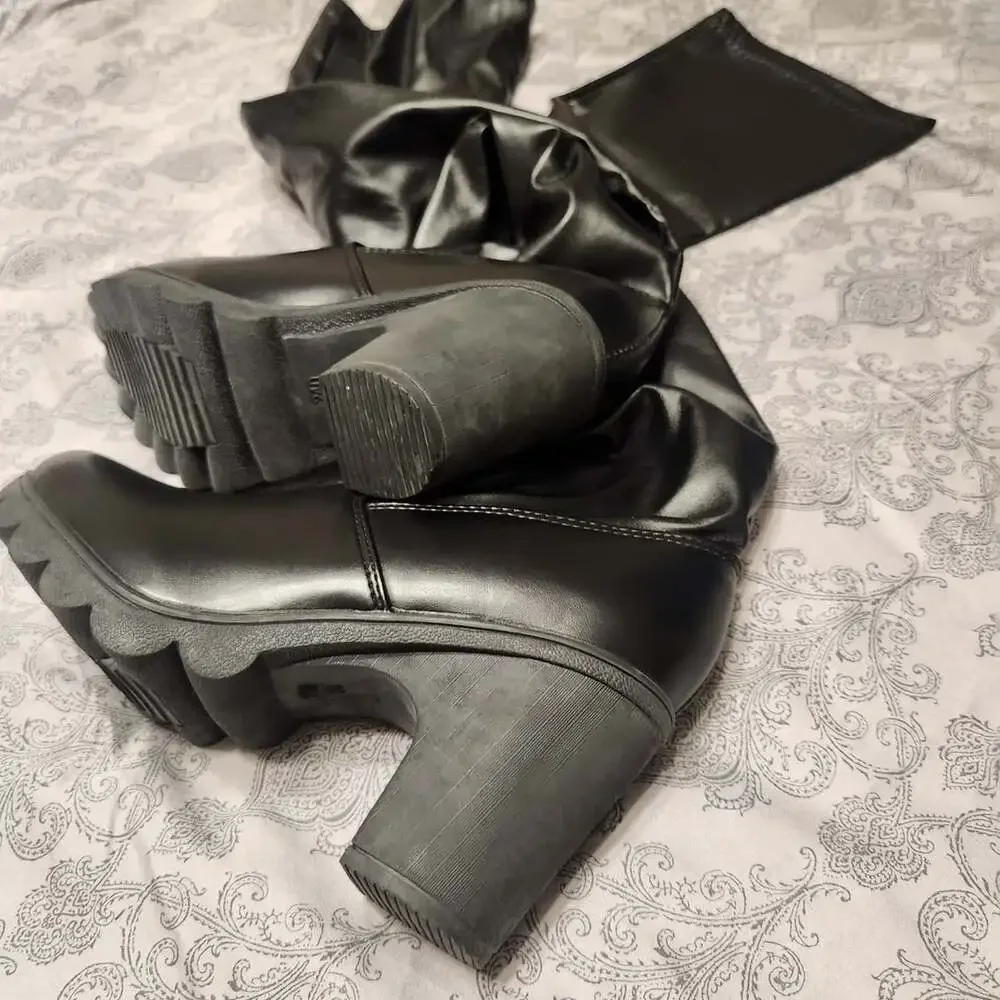 Women's Black PU Leather Over-the-Knee Chunky Block Heel Platform Boots